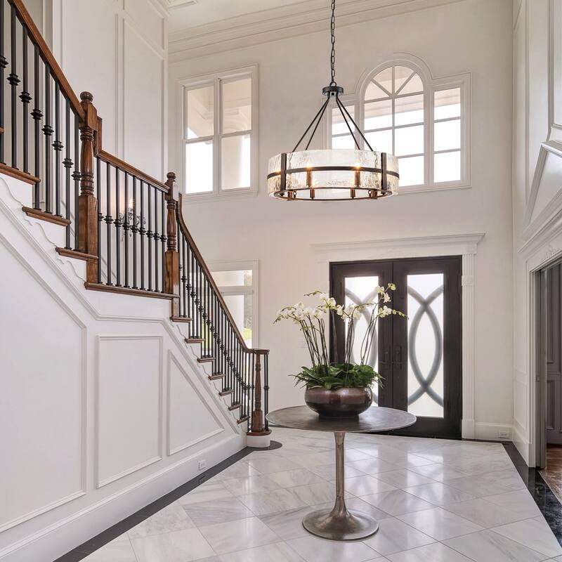 Dimmable Large Drum Glass Chandelier for Dining Room High Ceiling Living Room