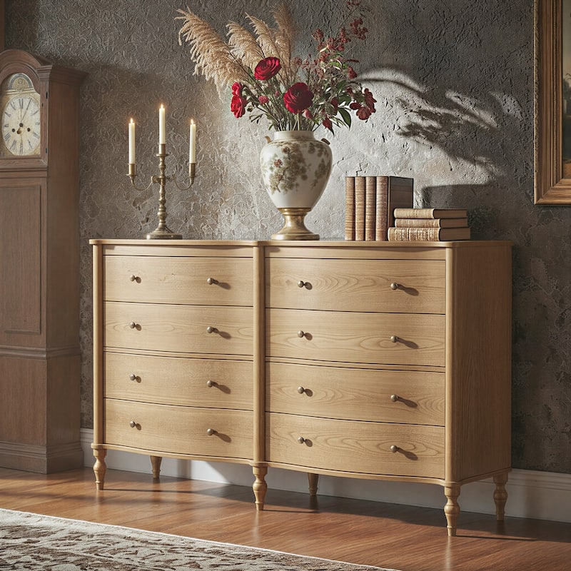 Elegant 8-Drawer Dresser with Solid Wood Legs, Vintage Curved Front Chest of Drawers for Bedroom Storage - Wood