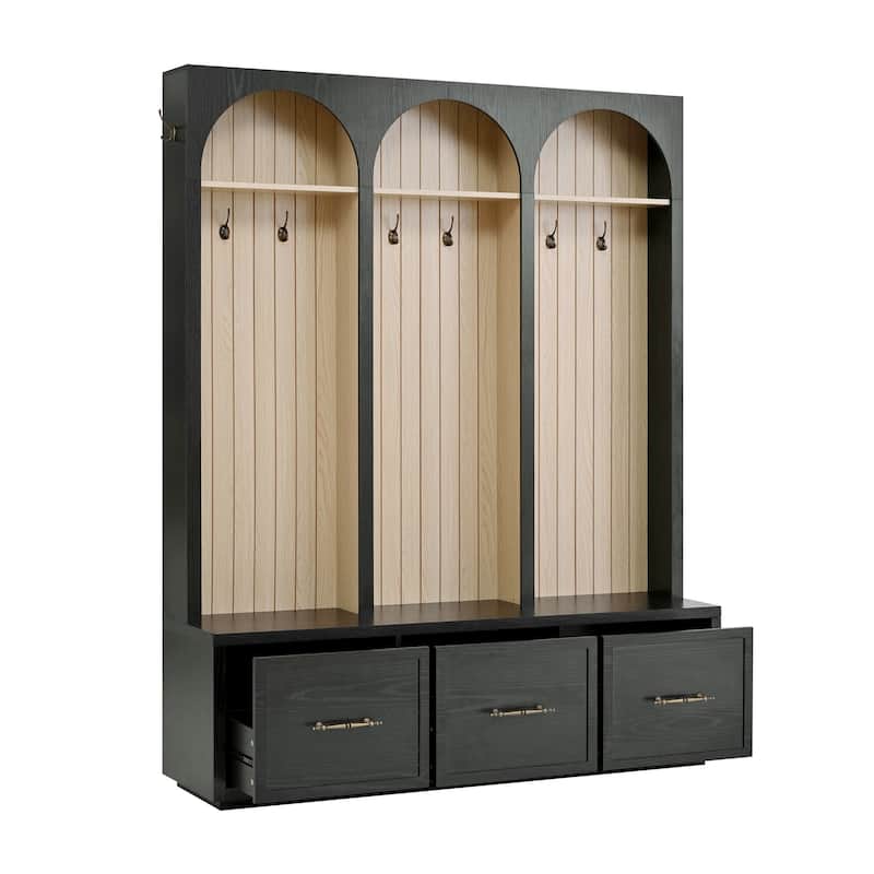 Hall Tree With Arched Design,Entryway Bench With 8 Retro Hooks,Rustic Coat Rack & Shoe Organizer With 3 Drawers