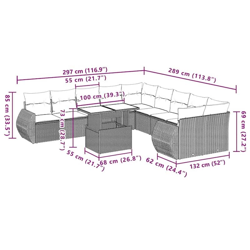 vidaXL 11 Piece Patio Sofa Set with Cushions Black/Brown/Gray Poly Rattan - 24.4 x 24.4 x 27.2