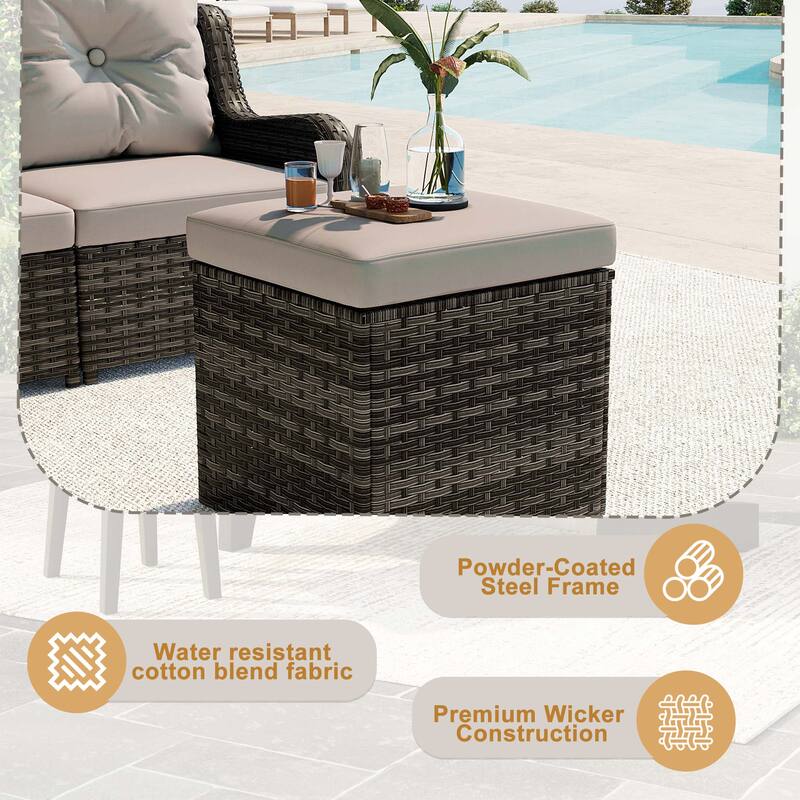17.7" W Outdoor Rattan Patio Square Ottoman with Seat Cushion