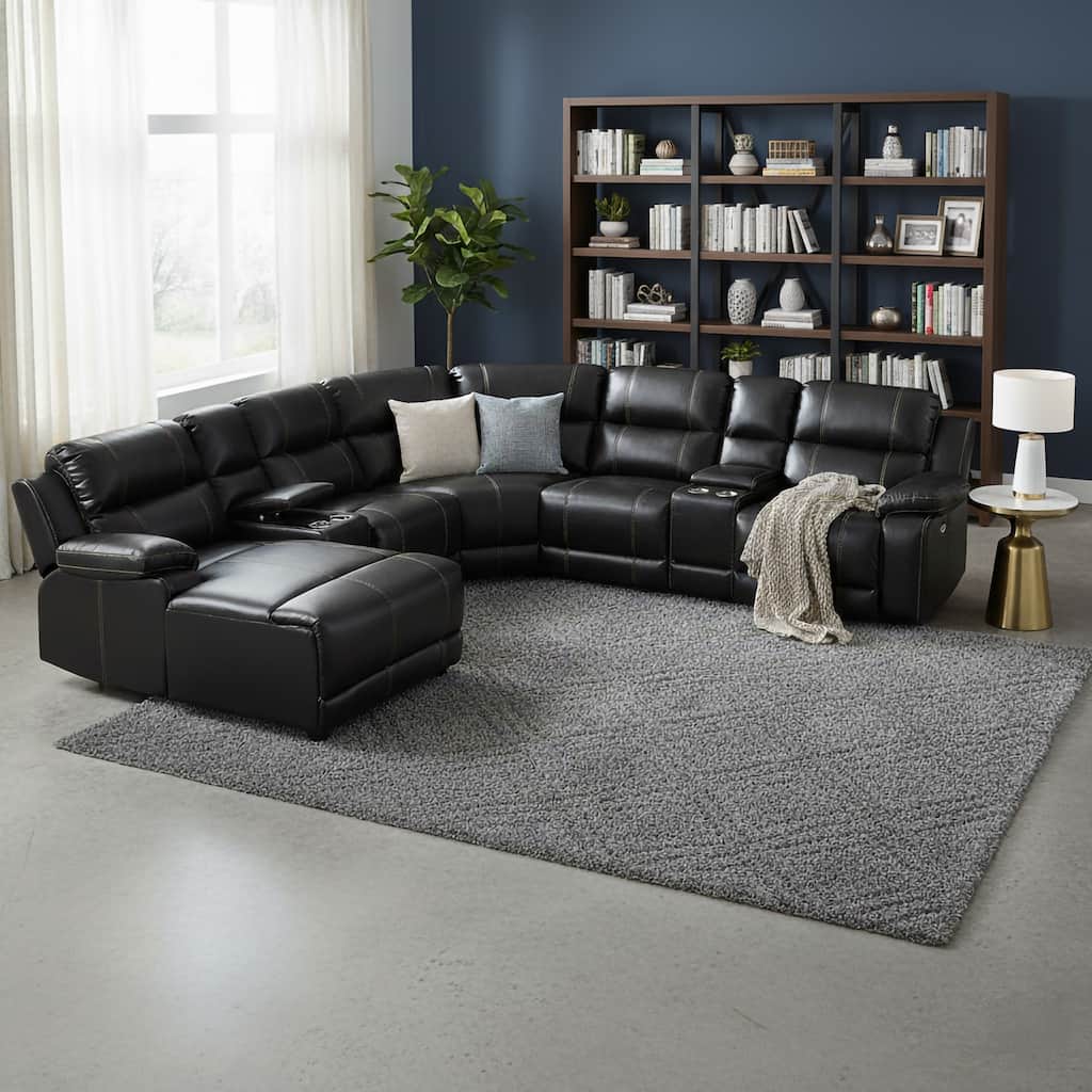 William 7 Piece Transitional Faux Leather Curved Living Room Reclining Sectional