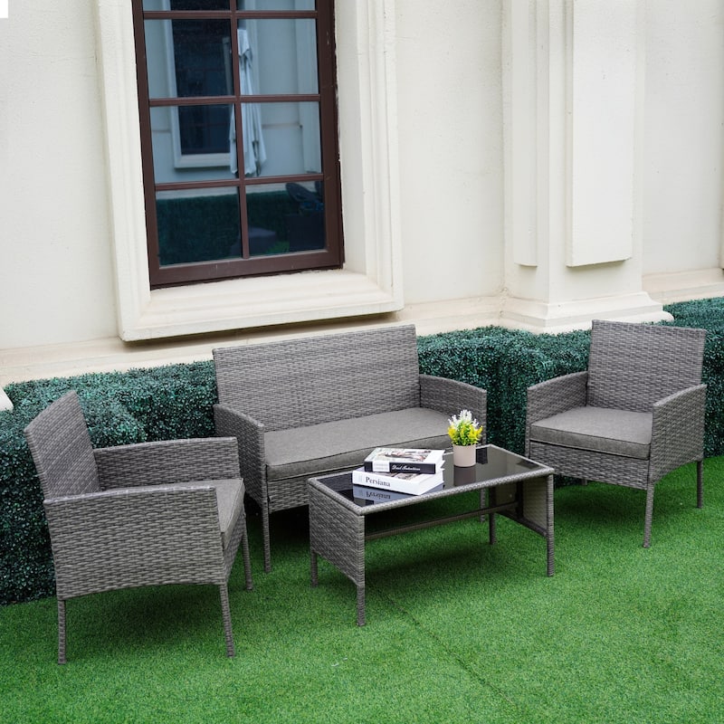 4 Piece Patio Conversation Wicker Furniture Set, Outdoor Rattan Sectional Furniture Set With Cushions for Yard Garden
