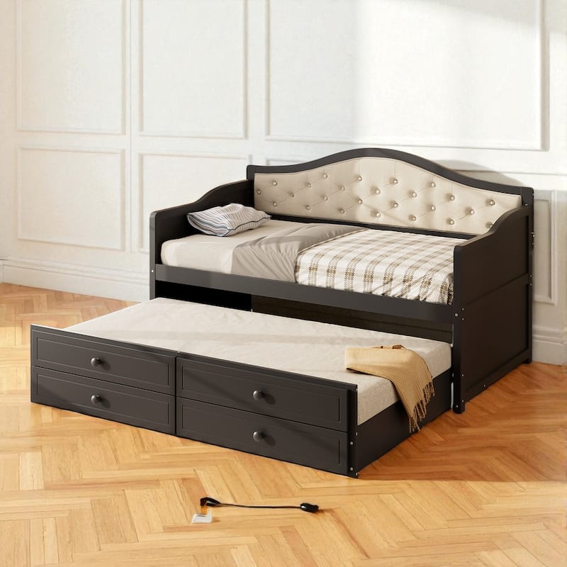 Twin Daybed with Trundle and 2 Storage Drawers, Upholstered Button Tufted Sofa Bed with Solid Wood Frame