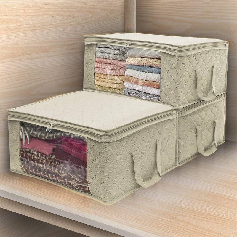 Sorbus Foldable Storage Bag Organizers, Large Clear Window & Carry Handles (3 Pack, Beige)