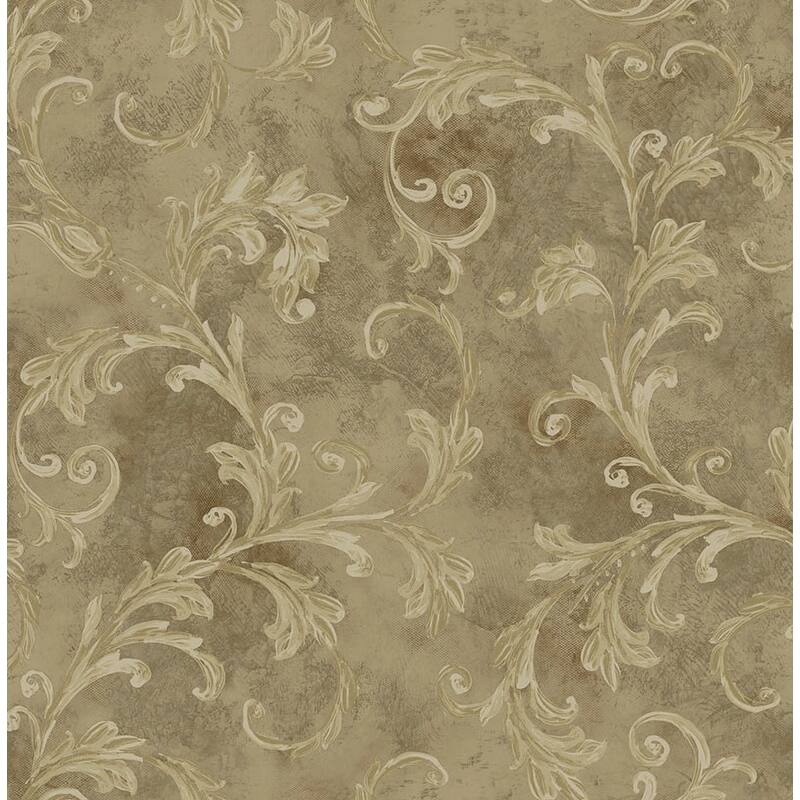 Seabrook Designs Capriana Scrolls Unpasted Wallpaper - 20.5 in W x 33 ft. L - Metallic Taupe & Cafe