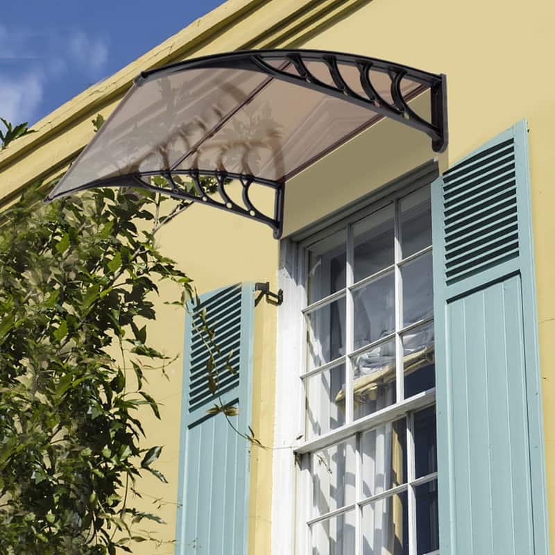 Patio Door Window Awning Canopy, Front Door Outdoor Patio Awning Canopy (40 x 35.4, Brown Canopy Black Bracket) - Brown Canopy Black Bracket