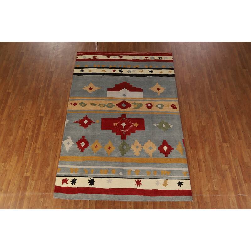 Hand Knotted Oriental 100% Wool Carpet Modern Geometric Greys & Charcoal Gabbeh Area Rug - 9' 2'' X 6' 0''