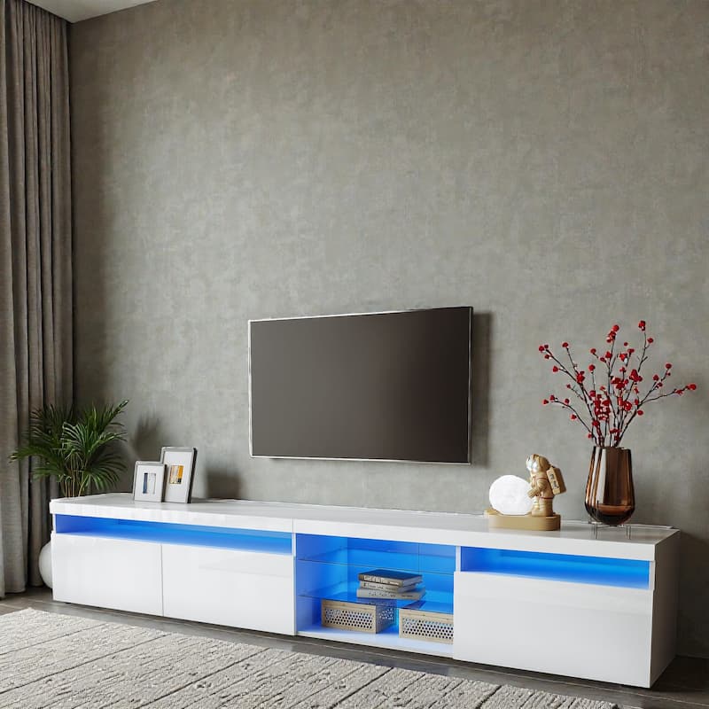 94.5" LED TV Stand with Glass Shelves, Modern Media Console for TVs up to 105" for Living Room, Storage Cabinets