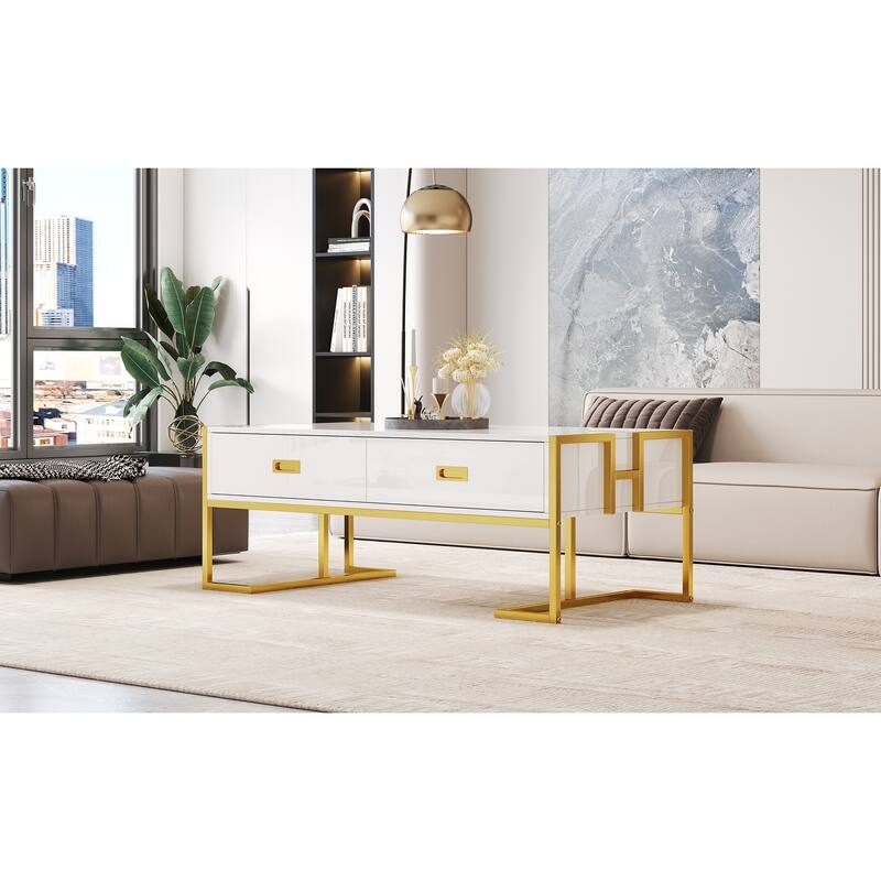 Luxury Coffee Table, Rectangular Center Table for Living Room, Modern Large Coffee Tables with 2 Storage Drawers & Gold Leg