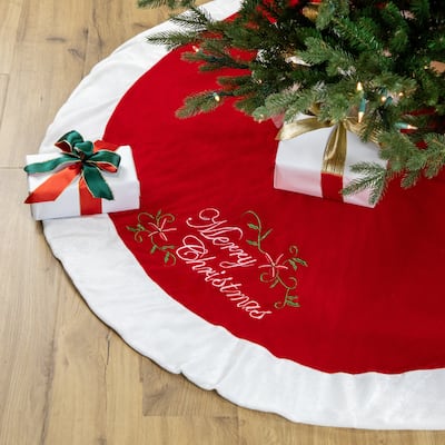 48" Traditional Red Merry Christmas Velveteen Tree Skirt - 48