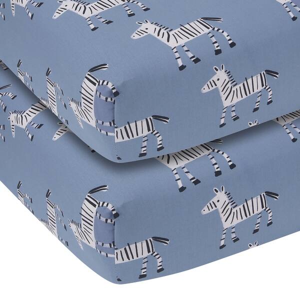 slide 2 of 5, Lambs & Ivy Signature Zebra Blue Organic Cotton 2-Pack Fitted Crib Sheets