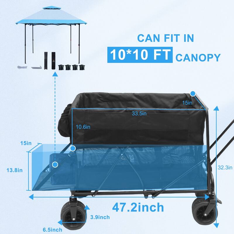 Collapsible Wagon, Wagon, Folding Wagon Heavy-Duty with Double Decker, All-Terrain Wheels, Tailgate, and 450lb Capacity
