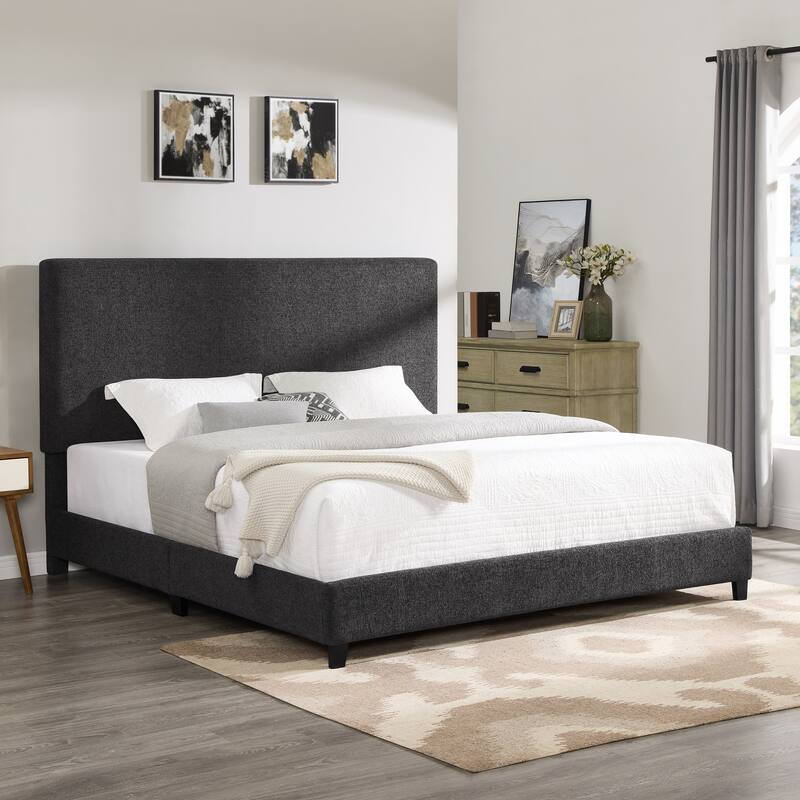 Charcoal Grey Upholstered King Size Platform Bed with Padded Headboard