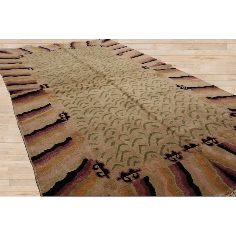 Hand Knotted Beige, Sage Tibetan 100% Wool Modern Oriental Area Rug - 3' 11'' x 7'