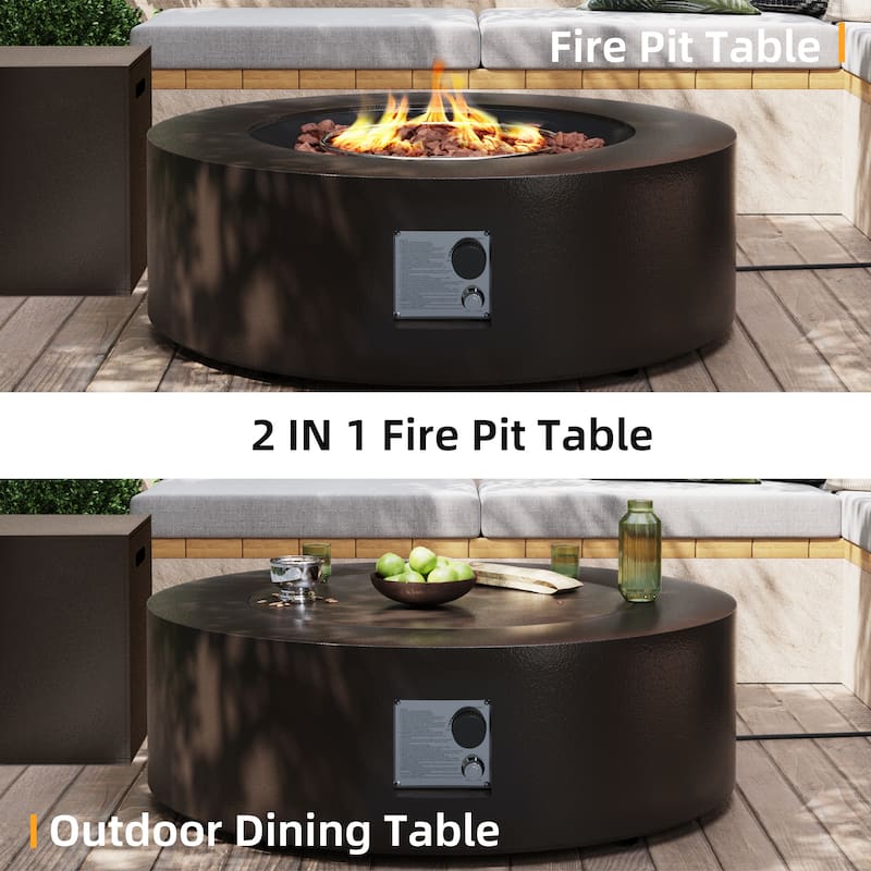 Patio Watcher Outdoor Brown Iron Fire Pit Table with Metal Lid and Propane Tank Cover，Glass Wind Guard Option