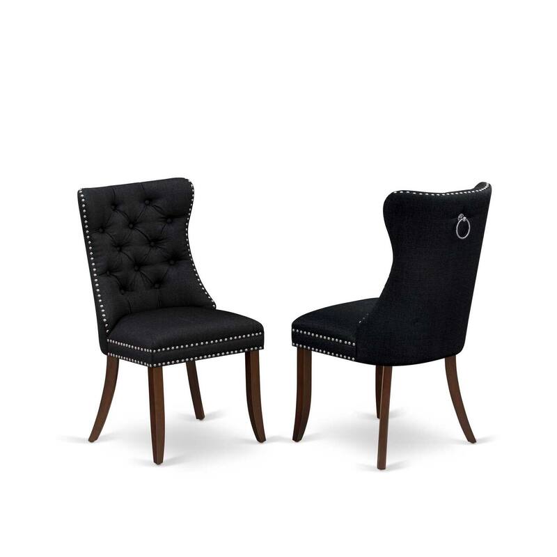 Parson Dining Chairs Set of 2 - Black Linen Fabric Padded Chairs with Nailhead Trim - Elegant Kitchen Chairs