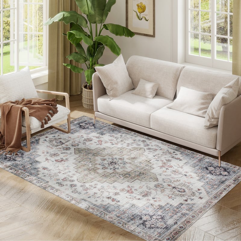 HOMCOM 4x6 Area Rug, Vintage Machine Washable Rug, Non-Slip Floor Carpet for Living Room, Bedroom, Dining Room, Home Office - Green/Teal - 2' x 3' Oval - Rectangle