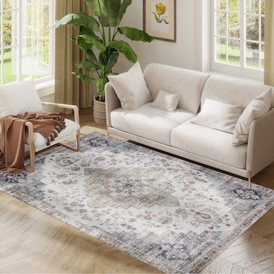 HOMCOM 4x6 Area Rug, Vintage Machine Washable Rug, Non-Slip Floor Carpet for Living Room, Bedroom, Dining Room, Home Office