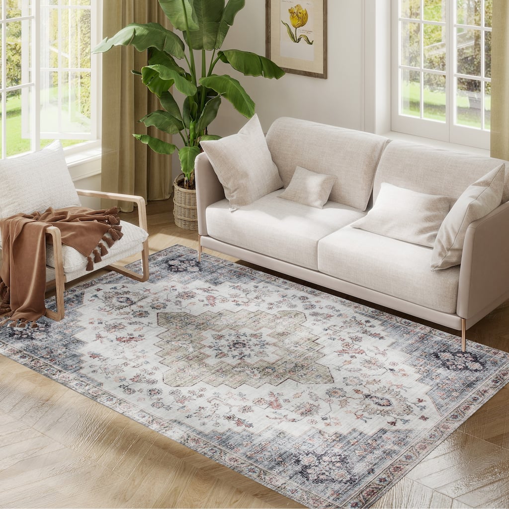 HOMCOM 4x6 Area Rug, Vintage Machine Washable Rug, Non-Slip Floor Carpet for Living Room, Bedroom, Dining Room, Home Office