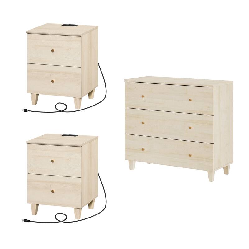 WAMPAT 3-Drawer Dresser and Nightstands Set of 3 for Bedroom - Light Oak - 3 Piece