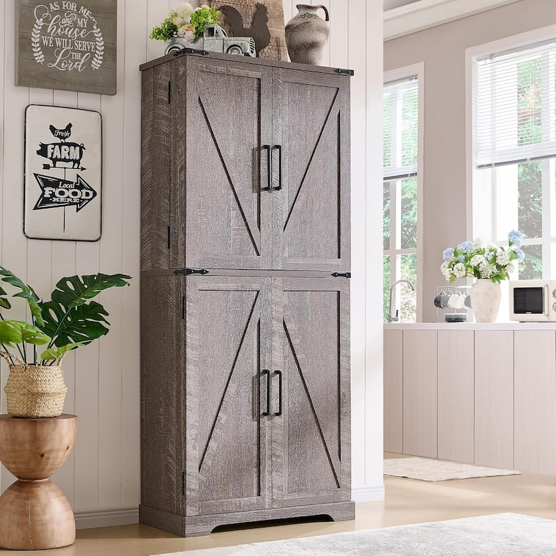 72" Tall Farmhouse Kitchen Pantry, Storage Cabinet with Barn Doors - N/A - Rustic Grey