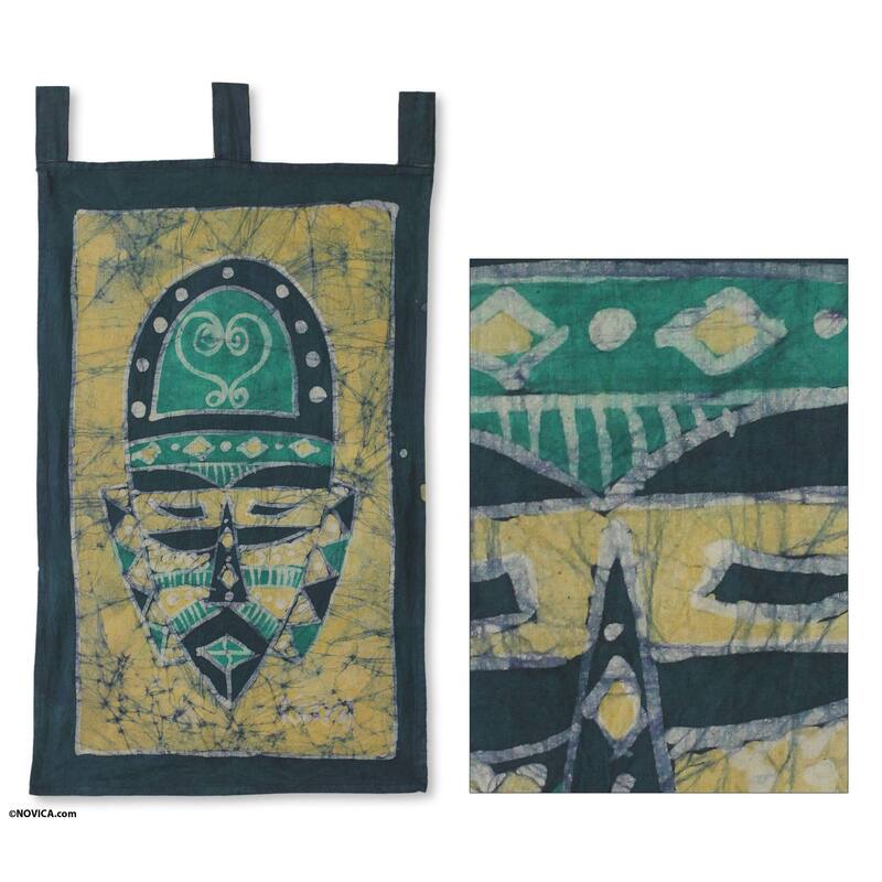 Handmade Sankofa African Mask Batik wall hanging (Ghana) - 13 x 13 x 4