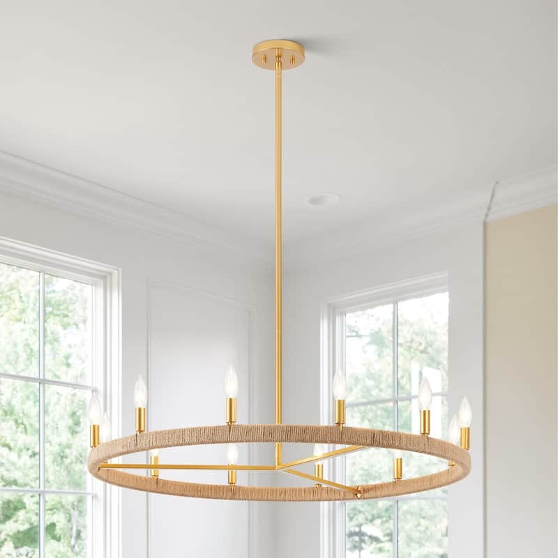 KAWOTI 12-Light Rustic Wagon Wheel Chandelier with Jute Wrap - W36.5" x H46.4" - W36.5" x H46.4" - Painted Gold