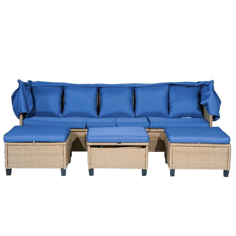 4 Piece UV-Proof Resin Wicker Patio Sofa Set with Retractable Canopy, Cushions & Lifting Table, Beige