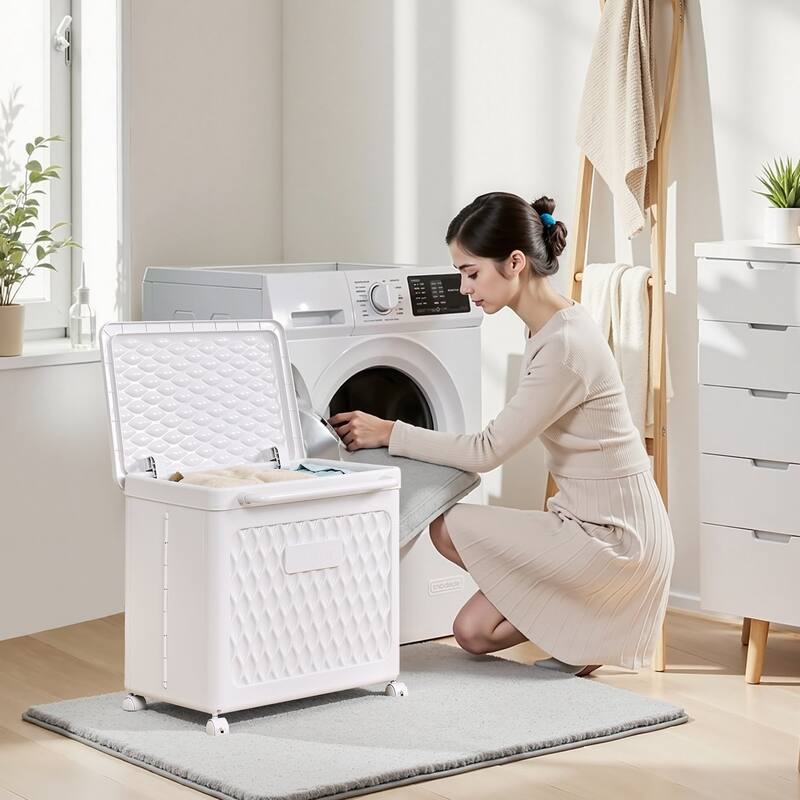 Javlergo White Rolling Laundry Cart with Lid & Wheels 80L Large Capacity Hamper 360° Swivel Wheels with Brakesfor Laundry