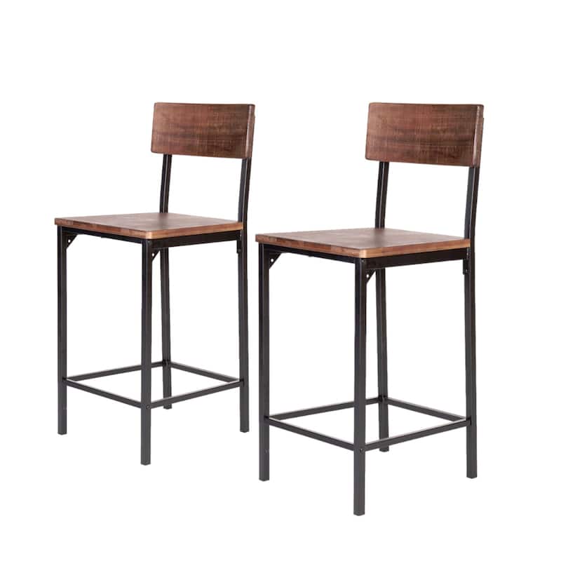 Set of 2 Counter Height Bar Chairs Brown Wood Seat Black Metal Frame 25 Inch - 14.5” x 15” x 36”