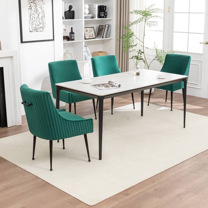 SEYNAR Modern Glam Velvet Black Metal Legs Dining Chair or Vanity Chair Set of 4 with Rear Handle