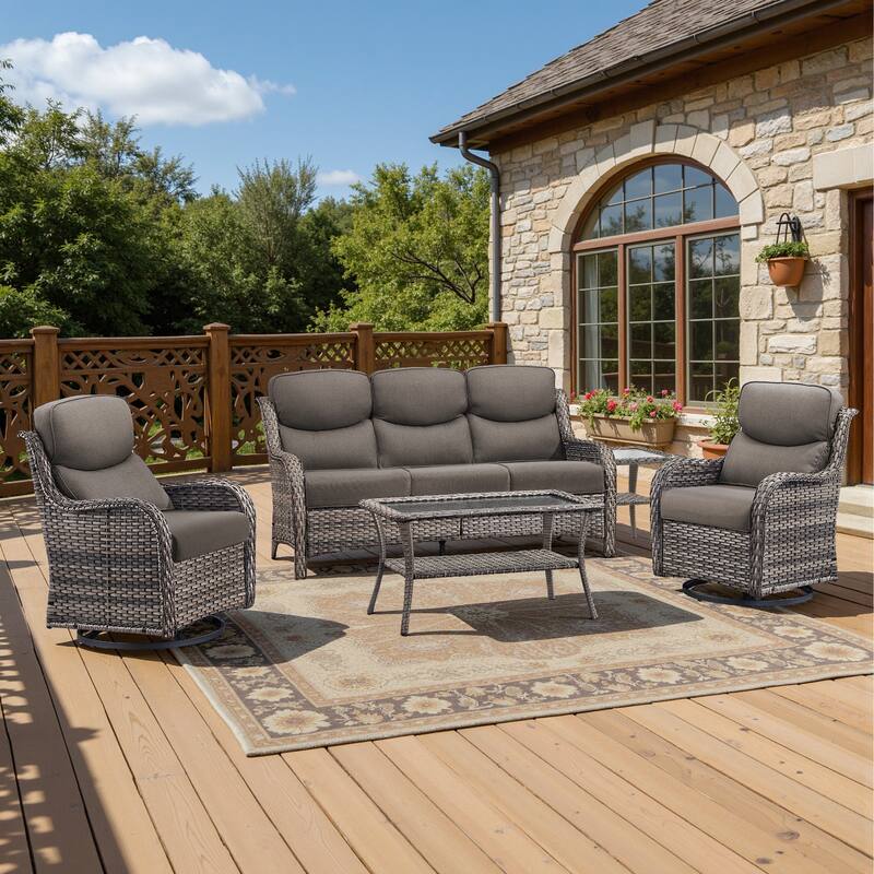 Meyreso 5-Piece Wicker Outdoor Patio Conversation Set with 5-Inch Thick Olefin Cushions - Gray Cushions - Gray Wicker