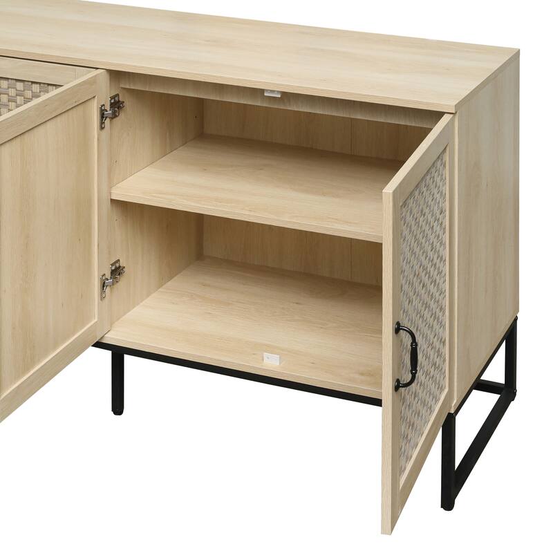 Engineered Rattan Buffet Accent Storage Cabinet 4-Door Sideboard with Adjustable Shelf, Cupboard Console Table Hallway Cabinet