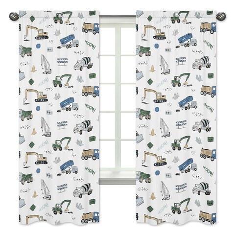 Construction Truck Collection 84-inch Window Treatment Curtain Panel Pair - Grey Yellow Black Blue and Green Transportation