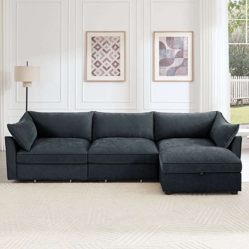 GDFStudio - Chenille L-Shaped 3-Seater 112.6" Sectional Sofa with Ottoman