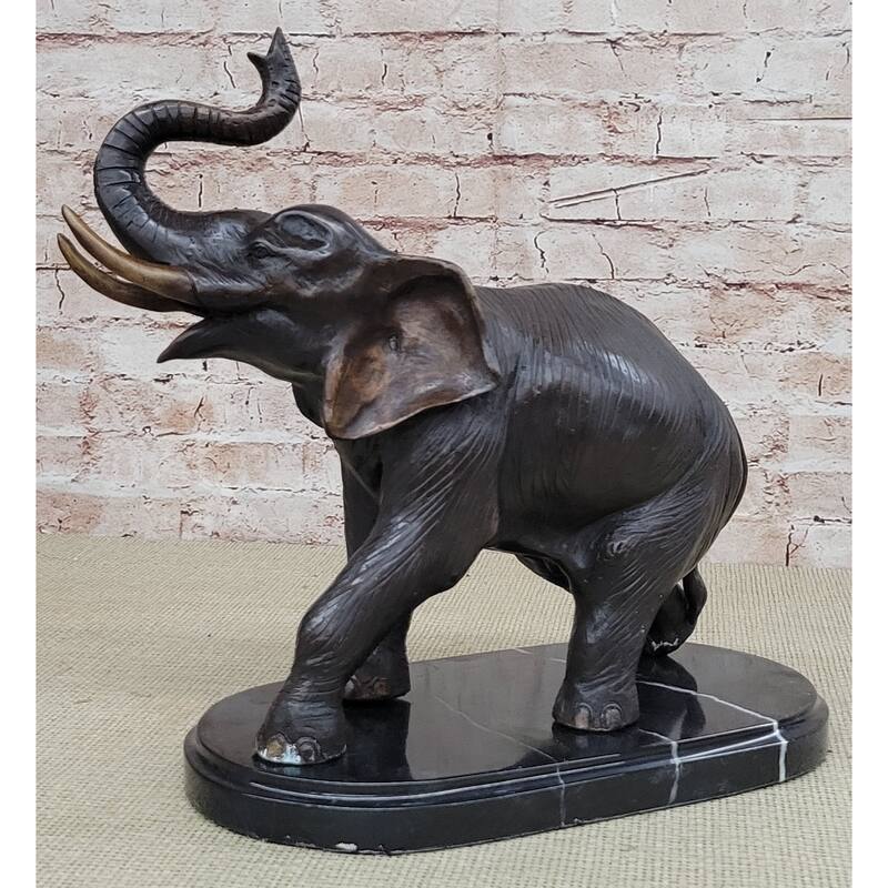 Handmade Bronze Elephant Sculpture Statue Collectible Marble Base Signed Moigniez 13 Inches X 16 Inches