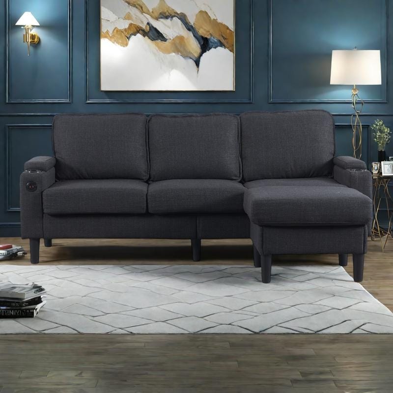 78'' Fabric L-Shaped 3-Seater Sectional Sofa with Storage Ottoman, USB Port, Cup Holders, and Magazine Bags - DARK GREY