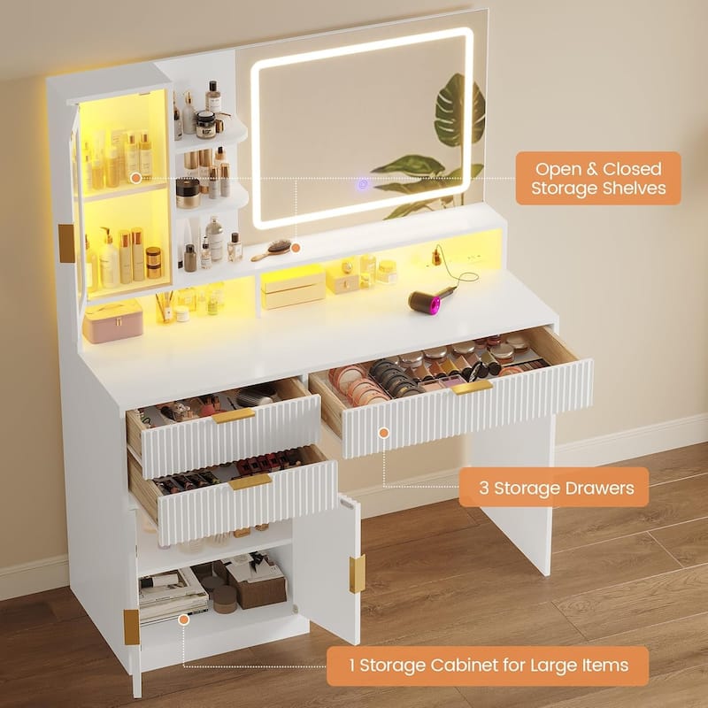 Makeup Vanity Desk Mirror LED Lights Charging Station RGB Lights Drawers Cabinet