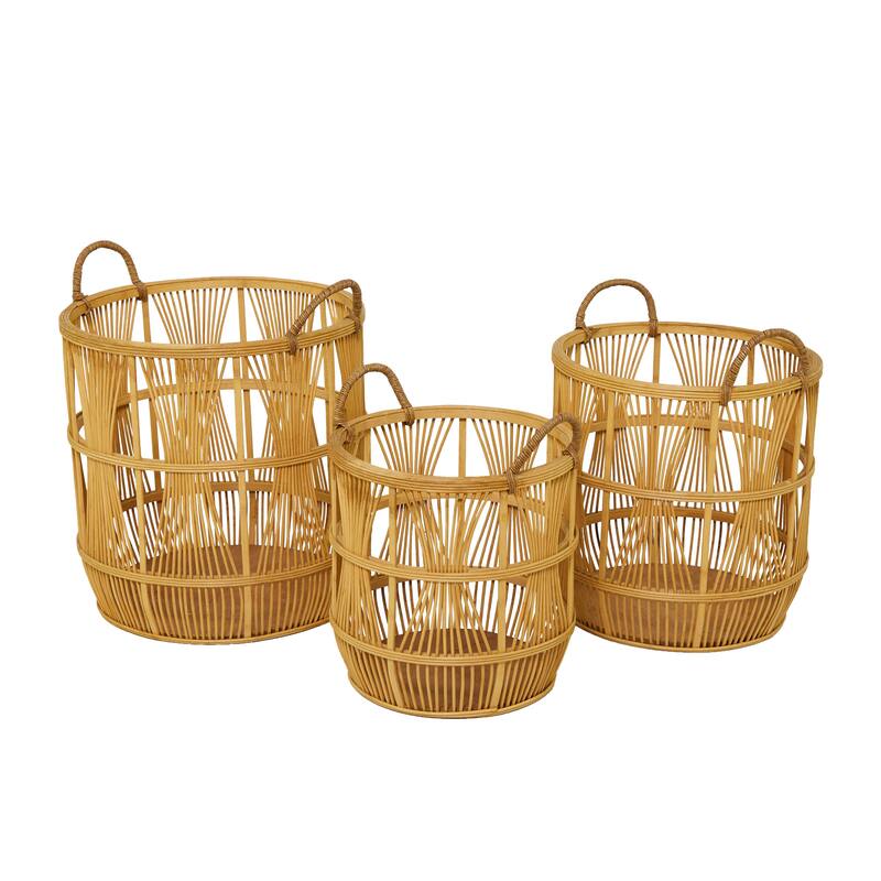 Brown Wood Handmade Storage Basket with Handles (Set of 3) - 19", 17", 15"H