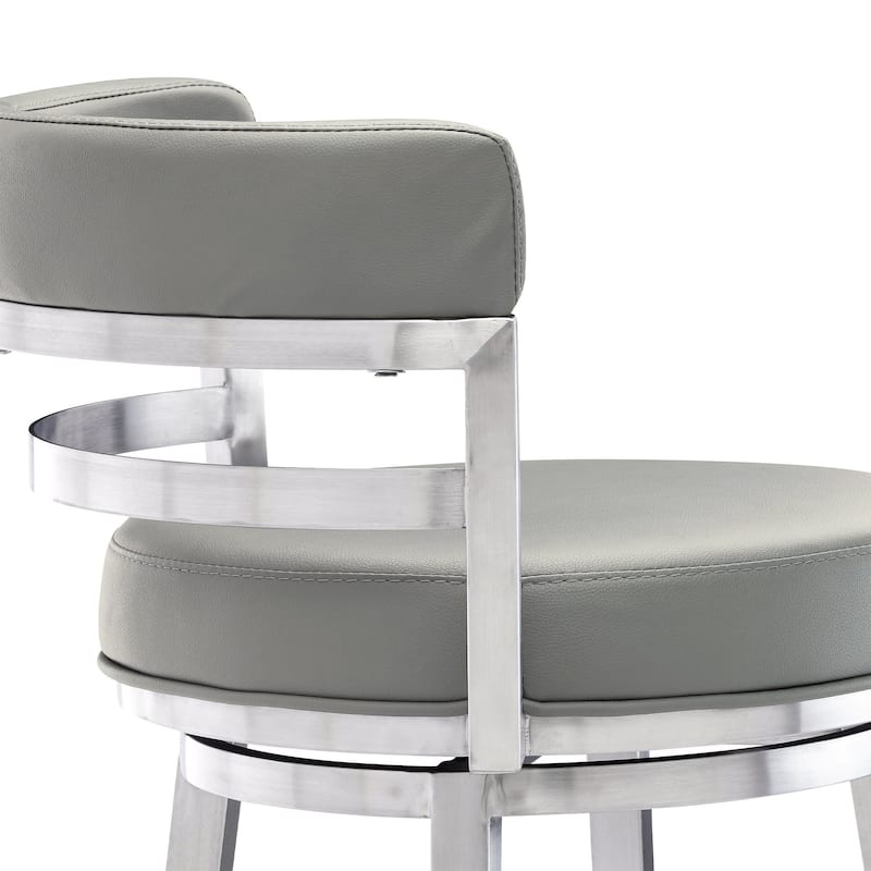 Silver Brushed Iron Frame Swivel Bar Stool with Faux Leather - 21” x 20” x 39” (D x W x H)