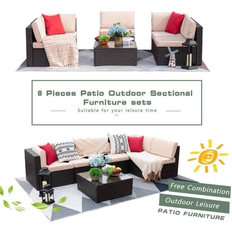 Homall 6 Pieces Patio Furniture Sets Outdoor Sectional Rattan Sofa Manual Weaving Wicker Patio Conversation Set