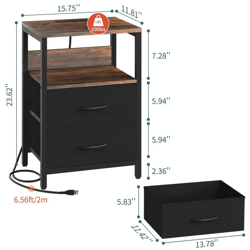 Nightstand with Charging Station, Small Night Stand with Fabric Drawers,Small Spaces Bedside Table with USB Ports & Outlets