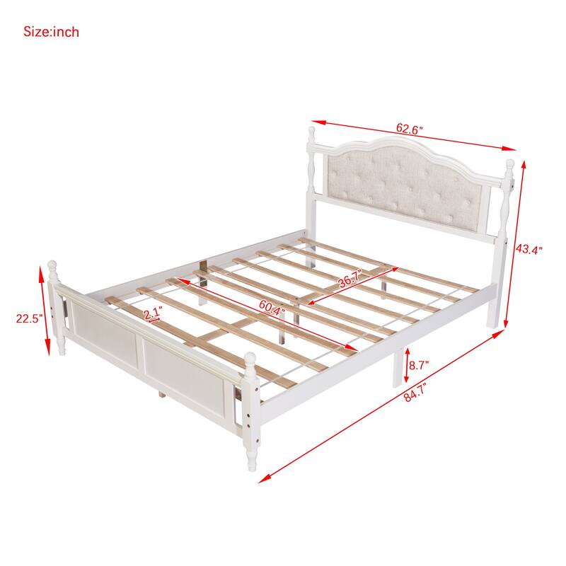 Classic Platform Bed Wooden Frame Queen Size Bed with Upholstered Tufted Headboard, Panel Footboard and Central Support Feet