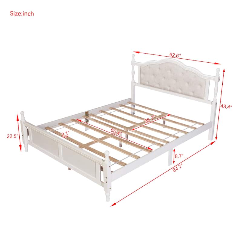 Queen Pine Wood Bed with Upholstered Headboard, Panel Footboard, Hidden Storage, and Central Support Feet