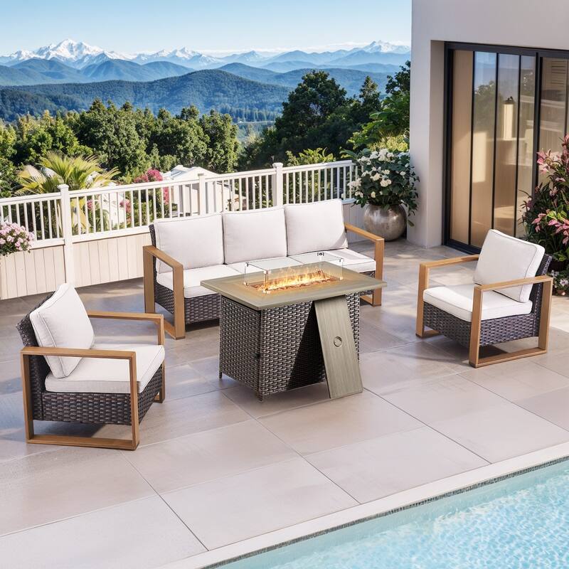 Pocassy Fire Pit Table with Outdoor Sofa Chair Ottoman Set - Brown Wicker Beige Cushion - 4-Piece Sofa Patio Chair with Fire Table