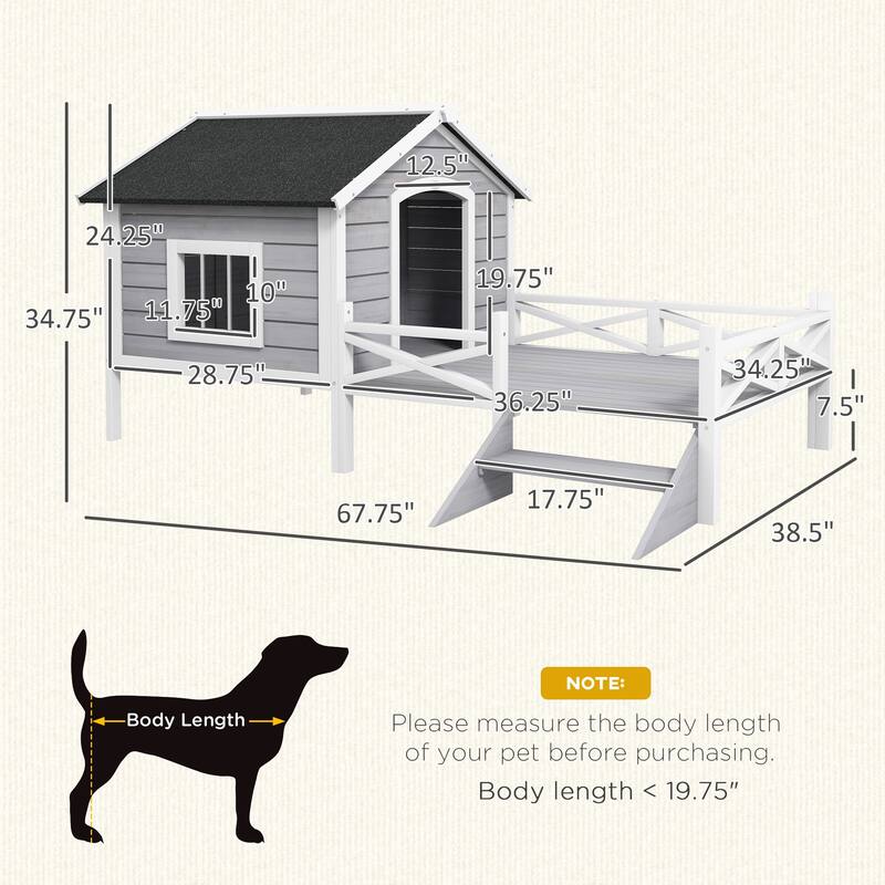 PawHut Wooden Dog House w/ Porch, Water-resistant Roof, for S M Dogs, Gray