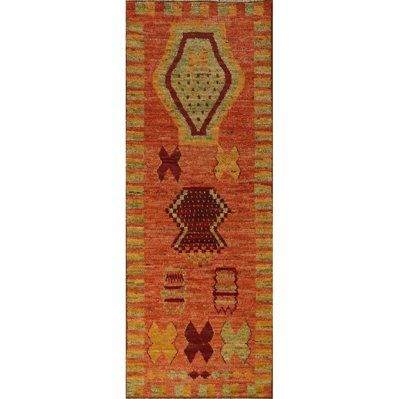 Geometric Orange Moroccan Oriental Runner Rug Hand-Knotted Wool Carpet - 3'1" x 9'9"
