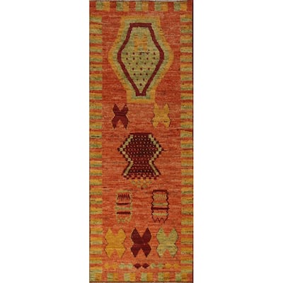 Geometric Orange Moroccan Oriental Runner Rug Hand-Knotted Wool Carpet - 3'1" x 9'9"