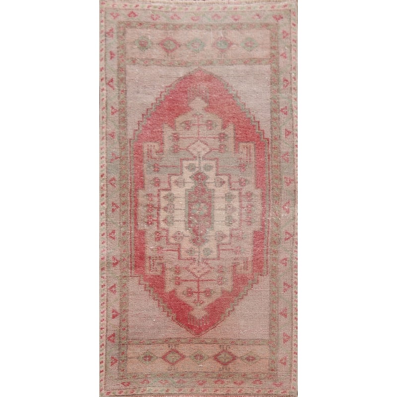 Vintage Geometric Oushak Turkish Oriental Wool Rug Hand-knotted Carpet - 1'6" x 3'3"